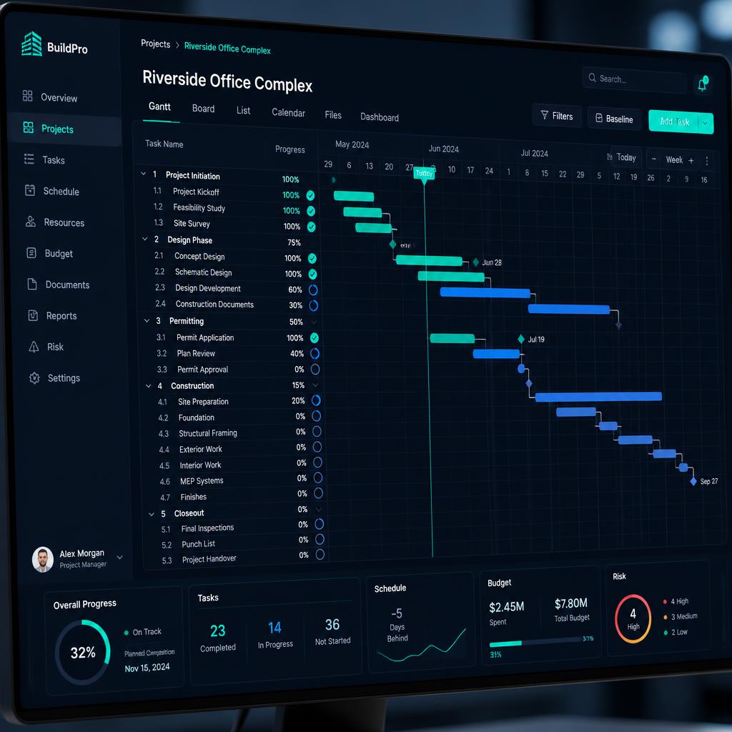 Dashboard de planification de projet avec diagramme de Gantt et indicateurs d'avancement