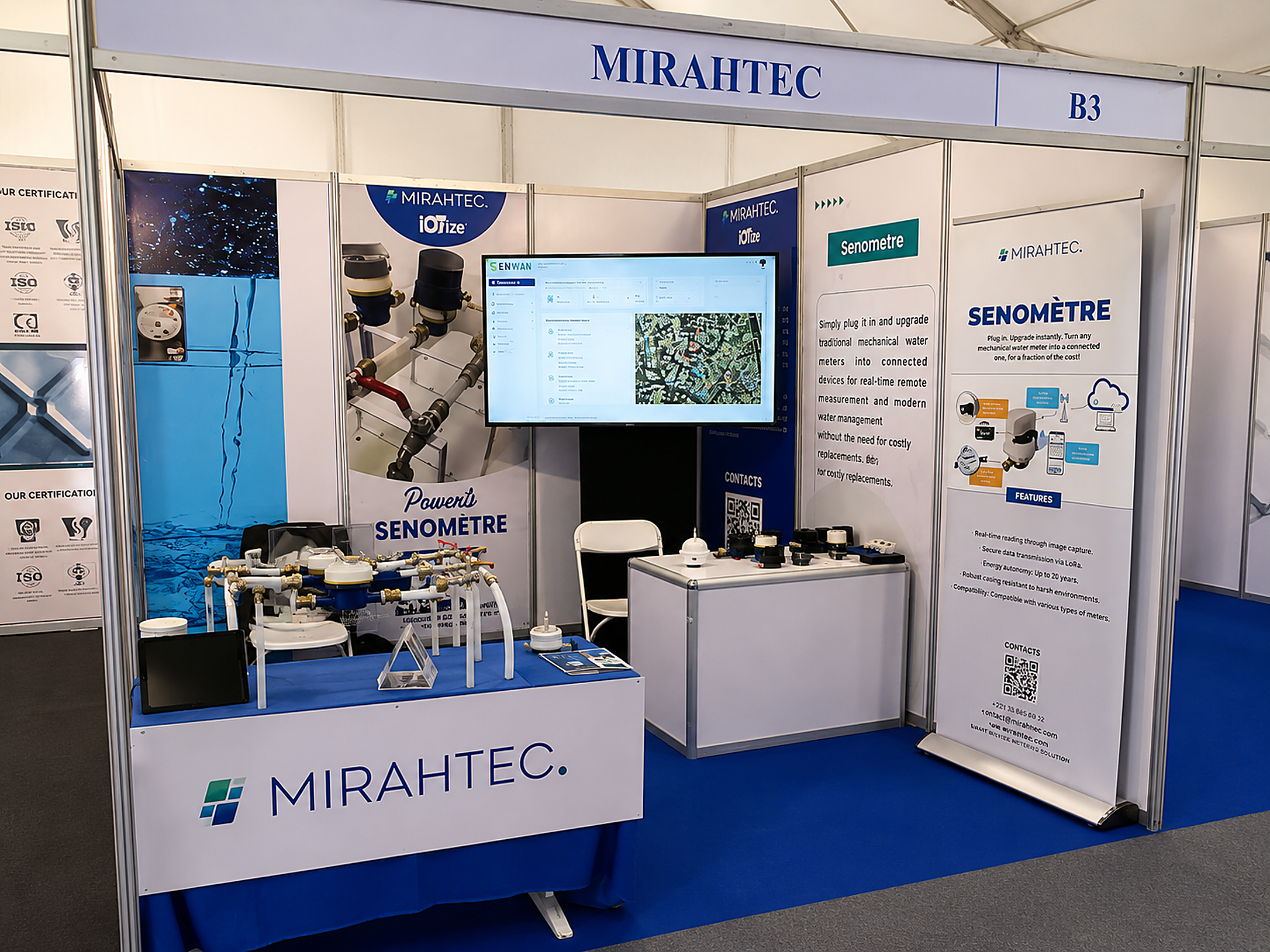 Stand Mirahtec présentant le Sénomètre lors d'un salon professionnel