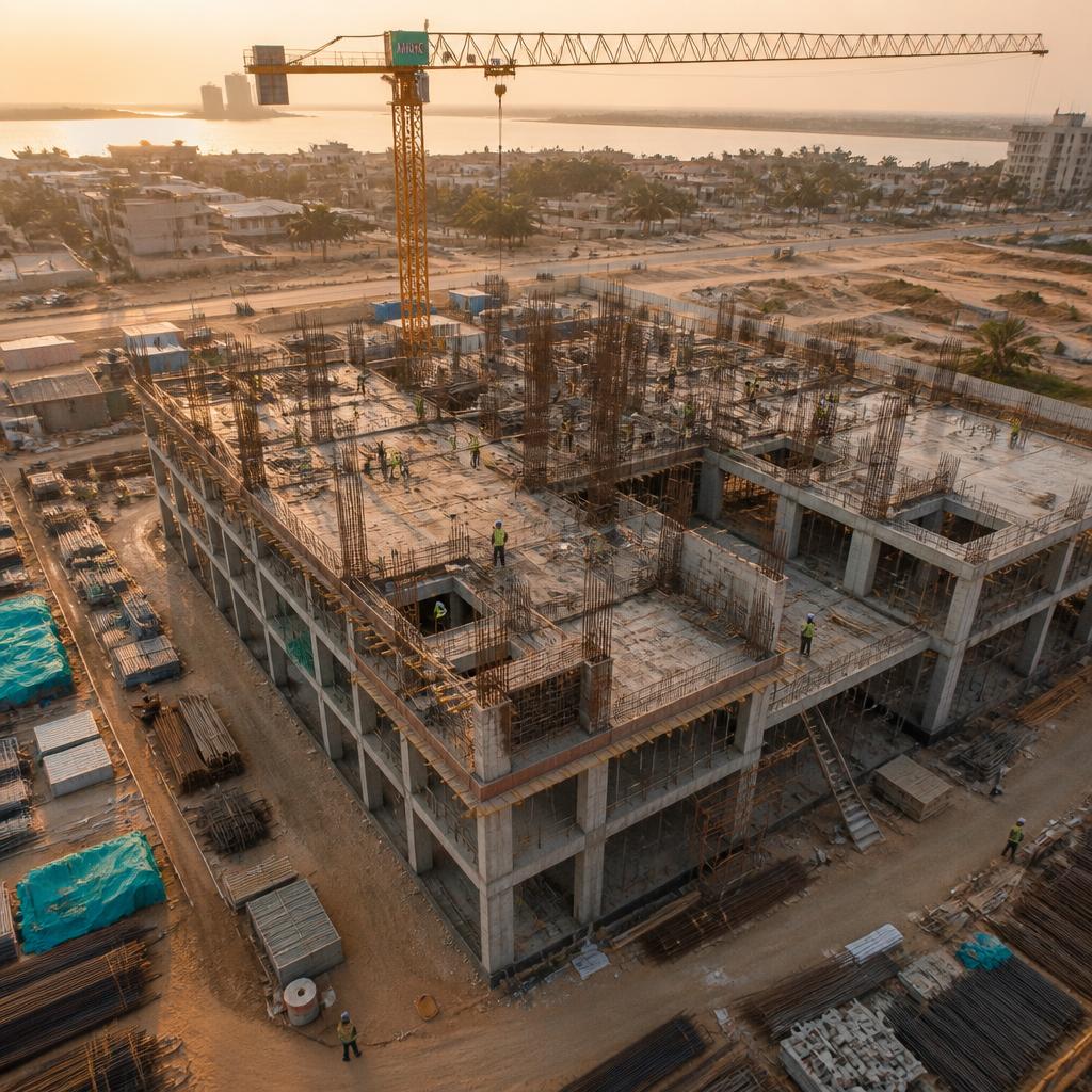 Vue aérienne d'un chantier de construction au Sénégal avec grue et structure en béton