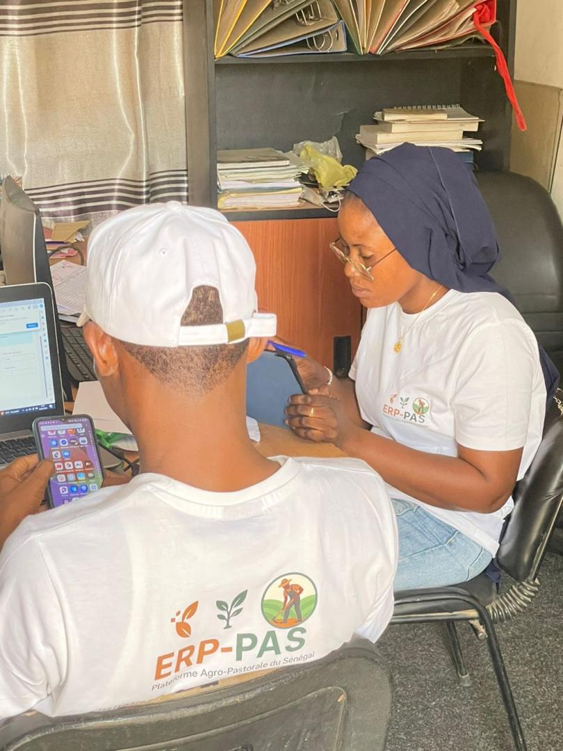 Agents enrôleurs ERP-PAS en tenue officielle saisissant les données des producteurs sur mobile