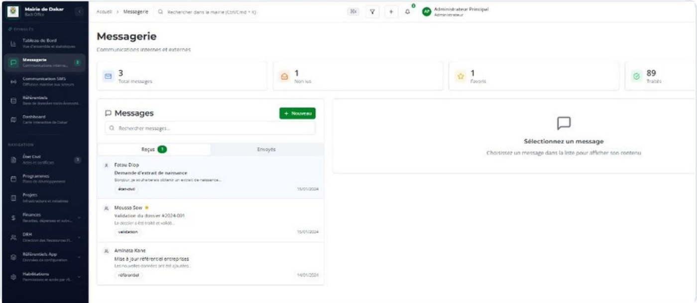Module de messagerie interne de la plateforme avec menu de navigation
