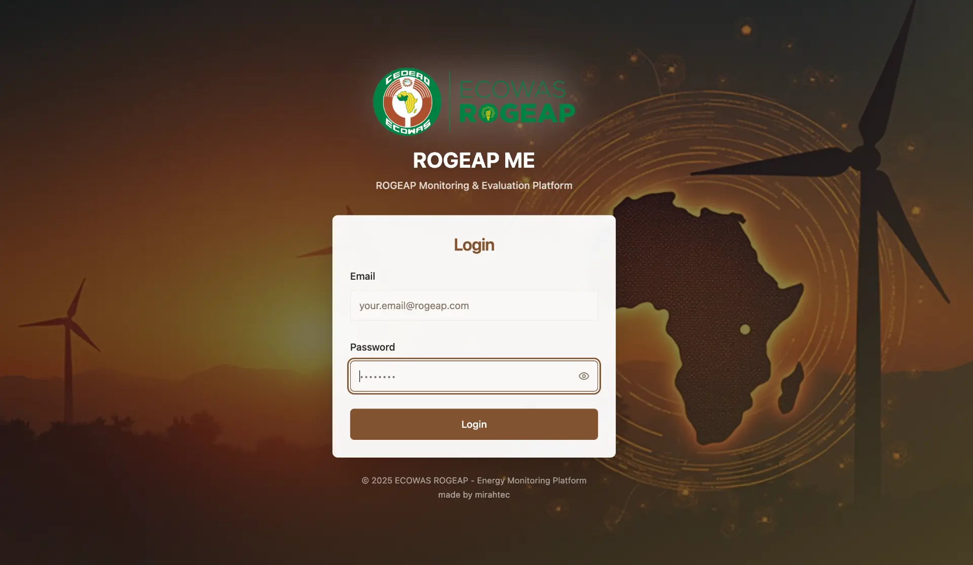 Écran de connexion de la plateforme ROGEAP ME (Monitoring & Evaluation)